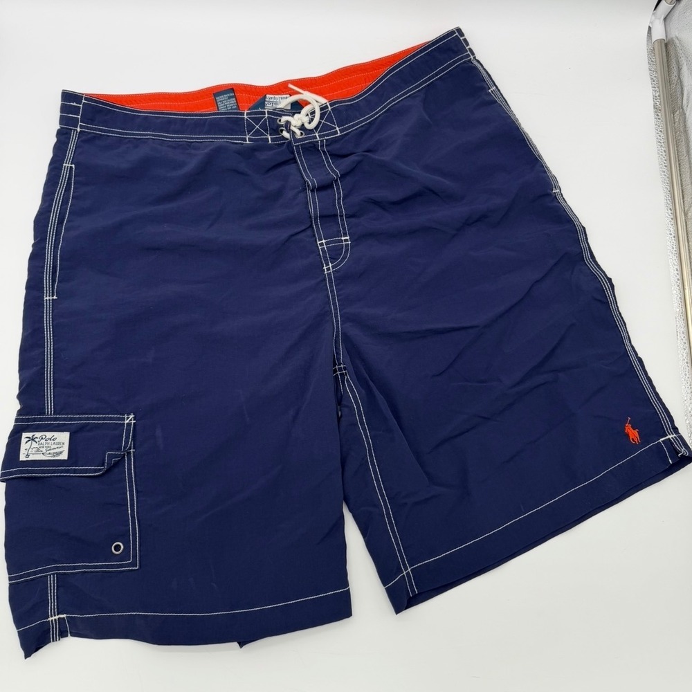 Polo Ralph Lauren Mens XL Navy Blue Cargo Swim Trunks Board Shorts Orange Pony